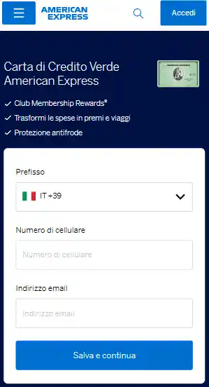 Modulo per richiedere la Carta Verde American Express